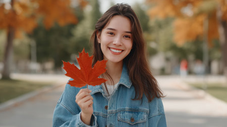 A cheerful woman holds a large red leaf up to the camera in a serene autumn setting, showcasing the beauty of nature and seasonal colors with a vibrant smile.の素材