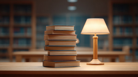 A serene library atmosphere featuring a stack of books under warm light from a lamp, perfect for creating a cozy reading and study environment.の素材