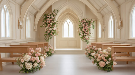 A serene chapel featuring fresh floral arrangements that create a romantic atmosphere, making it ideal for wedding ceremonies and special celebrations.の素材