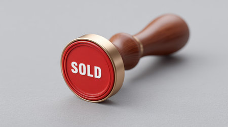 A red stamp designed with the word "SOLD" symbolizes completed transactions. Captured on a neutral gray background, it represents business agreements and authenticity in commerce.の素材