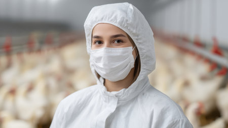 A focused poultry worker in a biosecurity outfit conducts checks in a chicken facility, ensuring safety and health standards in a bustling agricultural environment.の素材