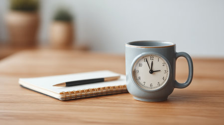 Discover a serene workspace featuring a charming combination of an alarm clock, coffee mug, notepad, and pen, perfect for inspiring a productive morning routine.の素材