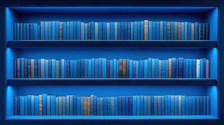 A serene library scene featuring a vibrant arrangement of blue books neatly organized on illuminated shelves, perfect for creating a calm study or reading environment.の素材