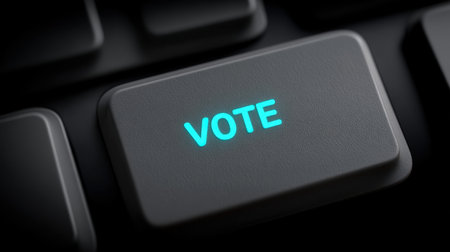 This image features a glowing keyboard key with the word "VOTE," symbolizing participation in elections and civic engagement in a modern digital landscape.の素材