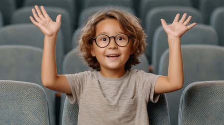 A cheerful child wearing glasses raises their arms in joy in an empty movie hall, capturing the essence of excitement and enjoyment in a captivating cinematic atmosphere.の素材