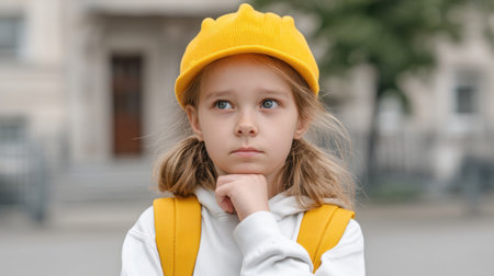 A young girl wearing a vibrant yellow construction hat and a bright backpack appears lost in thought. The city background adds depth to her contemplative moment.の素材