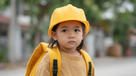 A young child wearing a vibrant yellow hard hat and a matching backpack stands outside, gazing thoughtfully into the distance, embodying adventure and curiosity.の素材