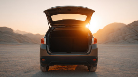 A warm sunset illuminates an open vehicle trunk in an arid landscape, highlighting the beauty of nature, adventure, and the allure of exploration.の素材