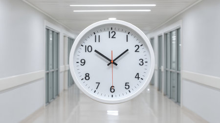 This image captures a modern hospital hallway with a clean white design featuring a clock, symbolizing efficient time management in healthcare settings.の素材