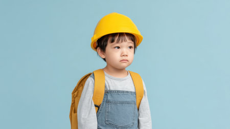 A young child wearing a yellow hard hat and a backpack looks thoughtfully away, showcasing innocence and curiosity. Ideal for themes of construction, career exploration, and childhood wonder.の素材
