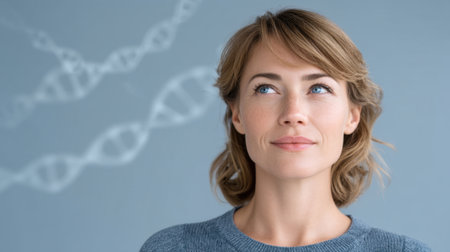 A thoughtful woman gazes upward, contemplating floating DNA strands that symbolize connections in science and genetics, highlighting innovation and the future of health.の素材