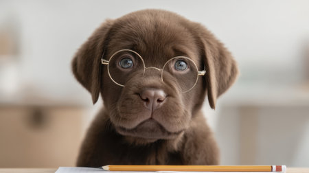A charming brown puppy wearing glasses sits attentively at a desk, pencil beside it, embodying a playful spirit in a cozy environment that inspires learning and joy.の素材