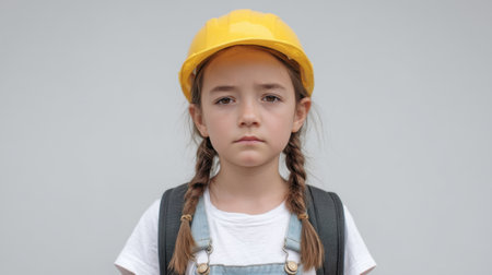 A young girl in a yellow construction hat and backpack appears pensive, showcasing a thoughtful expression against a neutral backdrop, symbolizing future dreams.の素材