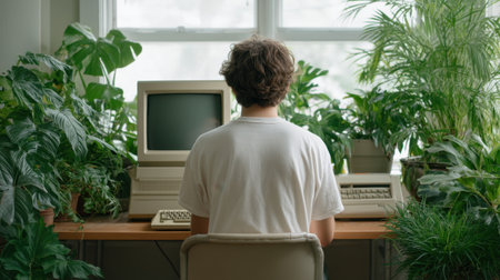 A young man sits at a desk engaged with a vintage computer, surrounded by lush plants. The bright indoor space offers a blend of nature and technology, inspiring creativity.の素材