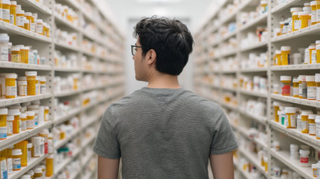 A young adult male stands in a pharmacy aisle, checking medications on shelves. The image captures the organized environment of a well-stocked pharmacy, emphasizing focus.の素材