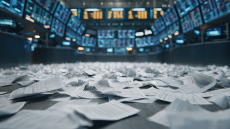 A bustling stock exchange floor covered with scattered paper documents, illuminated by glowing screens displaying market data and financial information.の素材