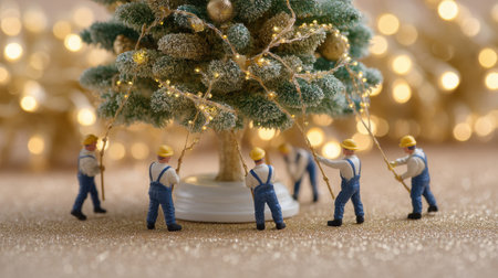 A whimsical holiday scene shows miniature workers joyfully decorating a sparkling Christmas tree with gold accents, creating a festive and cheerful atmosphere.の素材