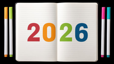 Colorful markers surround an open notebook showcasing the year 2026, symbolizing inspiration and goal-setting for future achievements and creativity.の素材