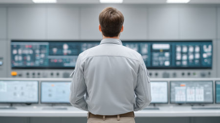 An engineer stands in a modern control room, observing advanced industrial systems displays. This space showcases cutting-edge technology and data analysis tools for optimal performance.の素材