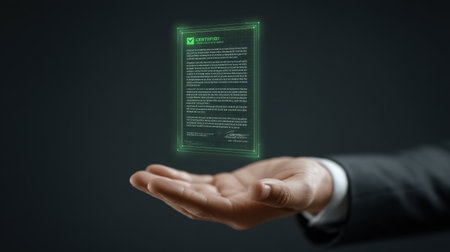 A hand in a suit presents a hologram of a certified document, showcasing a modern approach to validation and approval in a sleek, dark environment.の素材