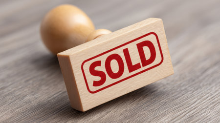 A closeup of a wooden rubber stamp featuring the word "SOLD" in bold red letters. Ideal for illustrating business transactions, paperwork, and approval processes.の素材