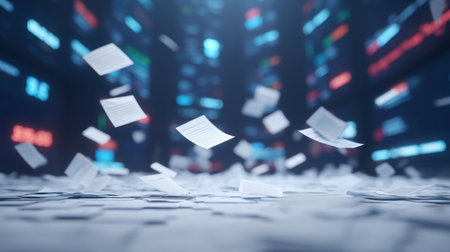 Discover a captivating scene of scattered documents in a modern market environment, representing the dynamic flow of information in digital business landscapes.の素材