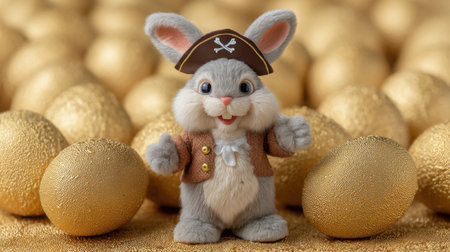 This delightful image showcases a charming bunny dressed as a pirate, joyfully posing amidst sparkling gold eggs, perfect for festive themes and children's creativity.の素材