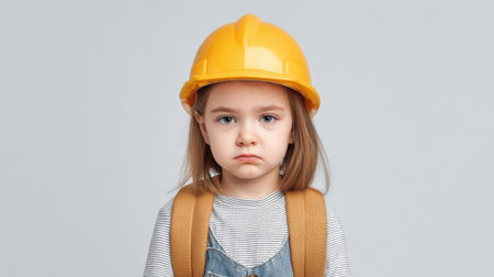 A young girl in a yellow safety helmet and a backpack stands with a serious expression against a light background, evoking curiosity about her potential adventures ahead.の素材