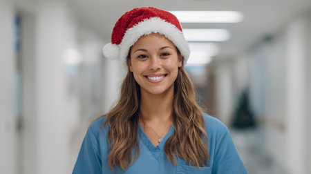 A joyful healthcare provider in scrubs wearing a festive Christmas hat radiates happiness in a bright hospital corridor, spreading holiday cheer and warmth.の素材
