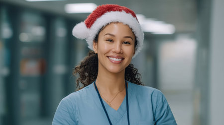A cheerful healthcare worker wearing a Santa hat and scrubs smiles warmly, bringing holiday spirit to the hospital environment and spreading joy to all.の素材