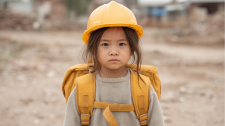 A young girl stands confidently in a safety helmet and backpack, embodying the spirit of safety and awareness in outdoor environments, ready for exploration.の素材