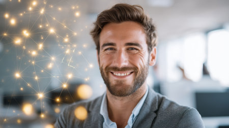 A confident entrepreneur smiles in a modern office setting, surrounded by glowing digital elements. This image captures the essence of innovation and success in today's business landscape.の素材