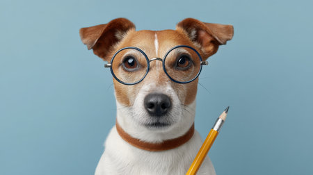 A charming and playful dog wearing glasses poses with a pencil, set against a soft blue background. This image beautifully captures a unique blend of humor and educational themes.の素材