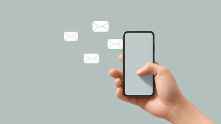 A hand holds a smartphone displaying multiple digital notifications symbolized by floating mail icons, illustrating modern communication and connectivity in daily life.の素材
