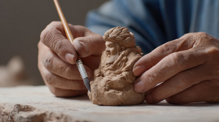 A skilled artisan's hands delicately carve a detailed clay figurine, showcasing the care and precision involved in this artistic process of creation and craftsmanship.の素材