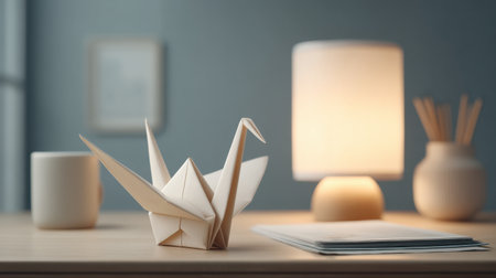 A tranquil workspace featuring a delicate origami bird beside a softly glowing lamp, ideal for creative inspiration and moments of relaxation in an organized setting.の素材