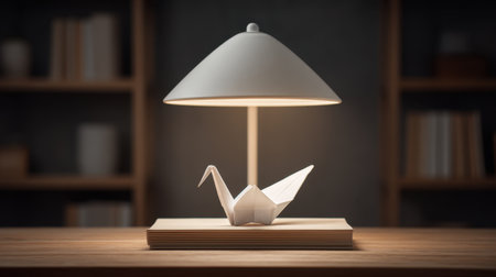 A serene paper crane sculpture sits elegantly under a warm desk lamp, creating a peaceful atmosphere in a modern interior setting, perfect for inspiring creativity.の素材