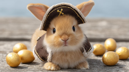 A lively bunny in a pirate outfit poses adorably among shiny golden eggs, creating a whimsical spring scene. Perfect for capturing festive spirit and charm.の素材