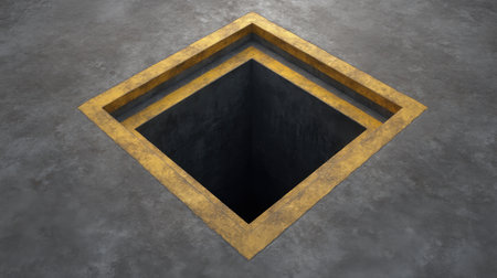 This striking aerial image showcases a dark water hole set in a stark concrete background, featuring a yellow border that enhances its mysterious allure and depth.の素材