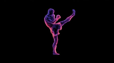 A captivating silhouette of a Muay Thai boxer delivering a powerful mid kick, surrounded by glowing smoke, showcasing energy and movement in vibrant neon colors.の素材
