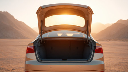 A captivating image of an open car trunk at dusk in a serene desert setting, with warm sunlight cascading over the mountains, evoking a sense of adventure and relaxation.の素材