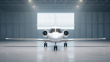 A sleek and modern private jet sits ready within a spacious hangar, featuring bright lighting that highlights its shiny exterior, ideal for business travel and luxury.の素材