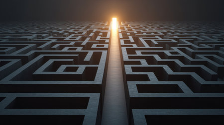 An abstract representation of navigating a complex business problem, illustrated through a maze with a bright light symbolizing pathways to solutions and innovation.の素材