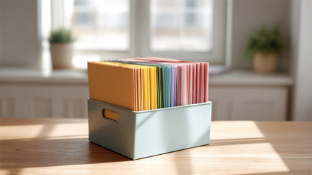 A serene workspace with a file organizer full of colorful folders is illuminated by sunlight pouring through a nearby window, creating an inviting and organized environment.の素材