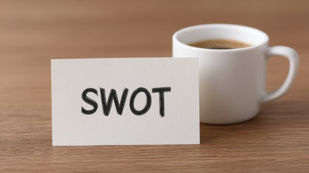A close-up of a handwritten SWOT analysis card placed next to a cup of coffee, symbolizing strategic planning and brainstorming in a professional workspace.の素材