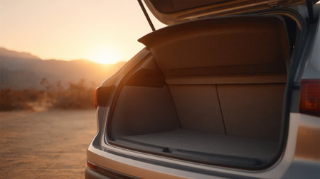 An open car trunk invites travelers to enjoy a tranquil desert sunset, enveloped in warm hues and soft light, perfect for a reflective outdoor experience.の素材