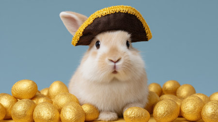 This charming photograph features an adorable rabbit wearing a pirate hat, playfully sitting among gleaming golden eggs, perfect for whimsical and festive themes.の素材