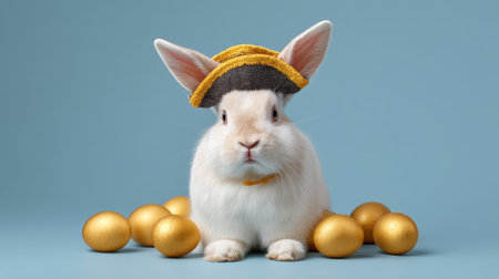 This charming rabbit, wearing a pirate hat, sits among golden eggs, creating a whimsical scene perfect for festive themes and Easter celebrations. Ideal for joyful photography!の素材