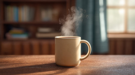 A serene coffee mug rests on a wooden desk, steam rising in a cozy home office atmosphere, creating a warm and inviting scene perfect for relaxation and creativity.の素材