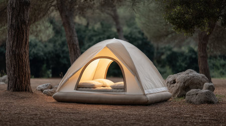A cozy tent featuring a glowing interior and a comfortable mattress is nestled among trees in a serene outdoor setting, perfect for a peaceful escape or camping adventure.の素材